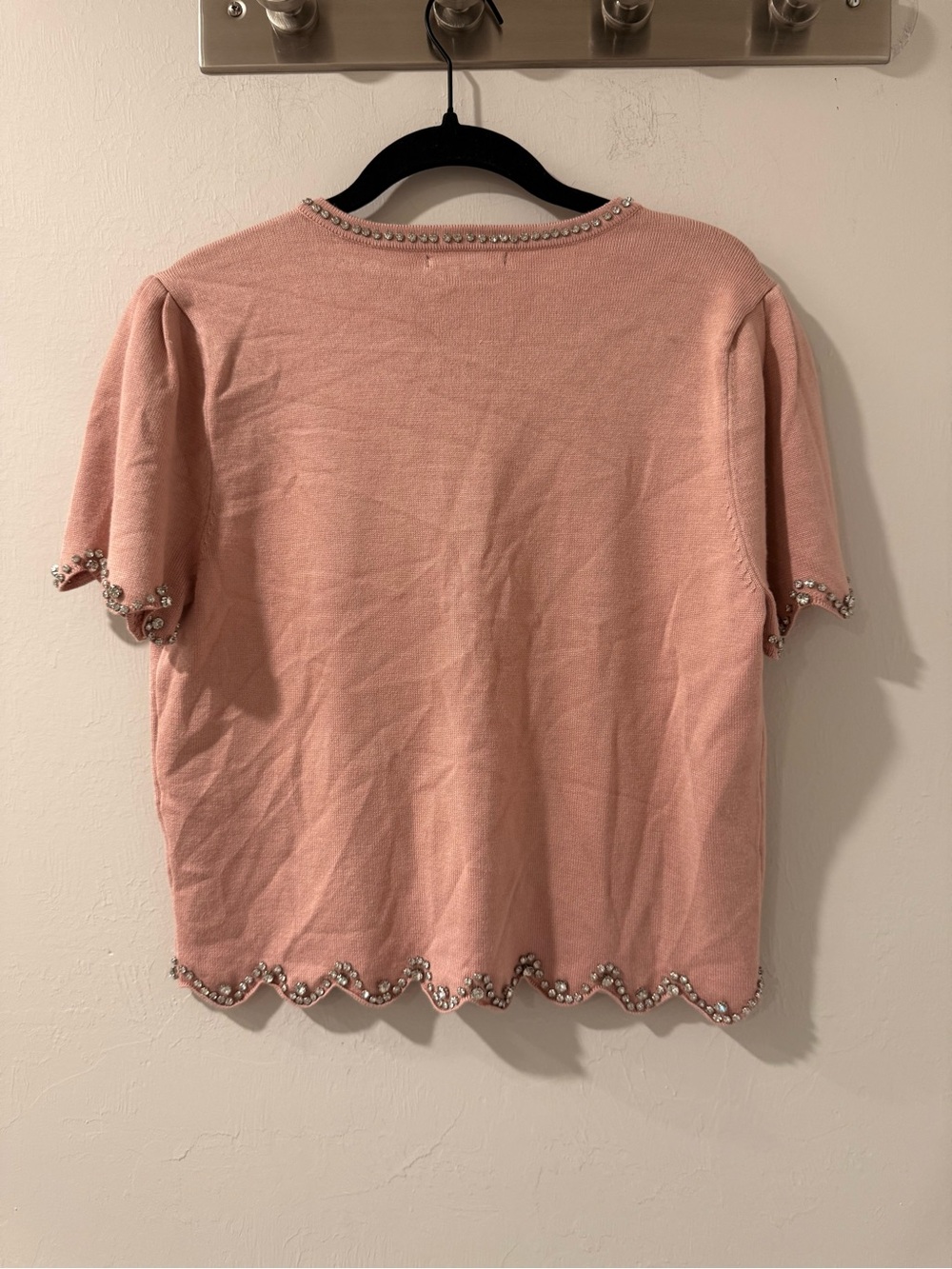 Adrianna Papell Pink Rhinestone Scallop Hem Short Sleeve Sweater M Holiday - Picture 3 of 10